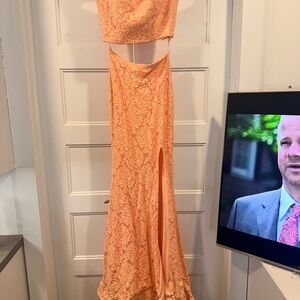 La Femme 2 Piece Peach Lace Prom Dress